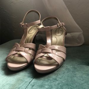 Pink t-strap patent leather heels